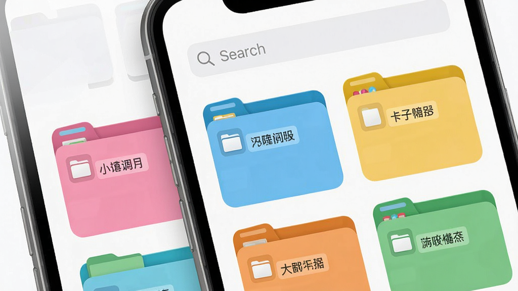 一张MD闪记卡应用内卡片组管理界面的示意图,画面为手机屏幕特写,屏幕中显示多个彩色卡片组文件夹排列成网格,每个文件夹上标注不同主题名称,顶部有搜索框,布局整齐有序,风格清爽浅色,细节包括文件夹图标与分类标签,画质清晰干净,无多余元素