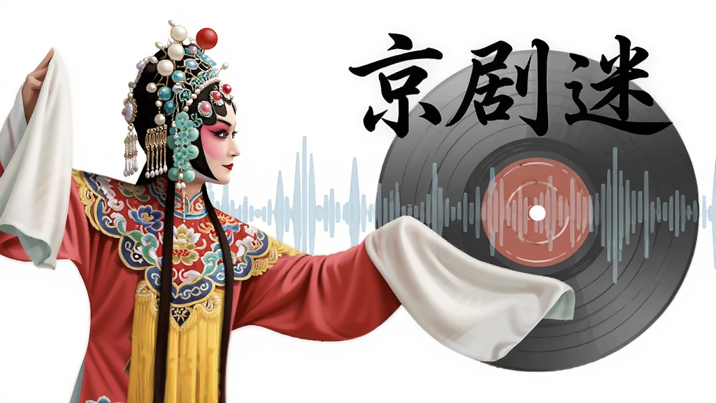 画面主体为一位身着京剧戏服的旦角演员侧身亮相,水袖轻扬,背景以半透明音频波形与唱片圆盘叠加呈现,布局上人物居左、波形居右形成视觉平衡,风格为写实插画结合扁平化图标,细节处可见戏服刺绣纹理与头面珠翠光泽,画质细腻干净,画面中悬浮“京剧迷”三个书法字体