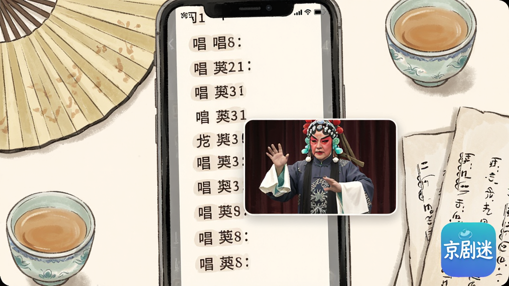 画面主体为手机屏幕特写,屏幕中显示唱词滚动界面与一位京剧老生演员的教学视频小窗,布局采用画中画形式,屏幕外散落折扇、茶盏与曲谱纸张,风格为清新手绘插画,细节上唱词文字清晰可辨、视频小窗中演员手势生动,画质干净柔和,画面角落标注“京剧迷”应用标识