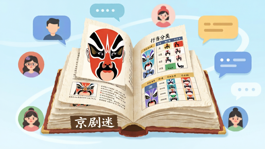 画面主体为一本展开的立体书册,书页上浮现京剧脸谱图谱与行当分类图表,书册周围环绕多个用户头像气泡与对话气泡,布局采用中心发散式构图,风格为知识科普类扁平插画,细节上书册页面纹理清晰、脸谱色彩鲜明,画质明亮干净,书册封面印有“京剧迷”字样