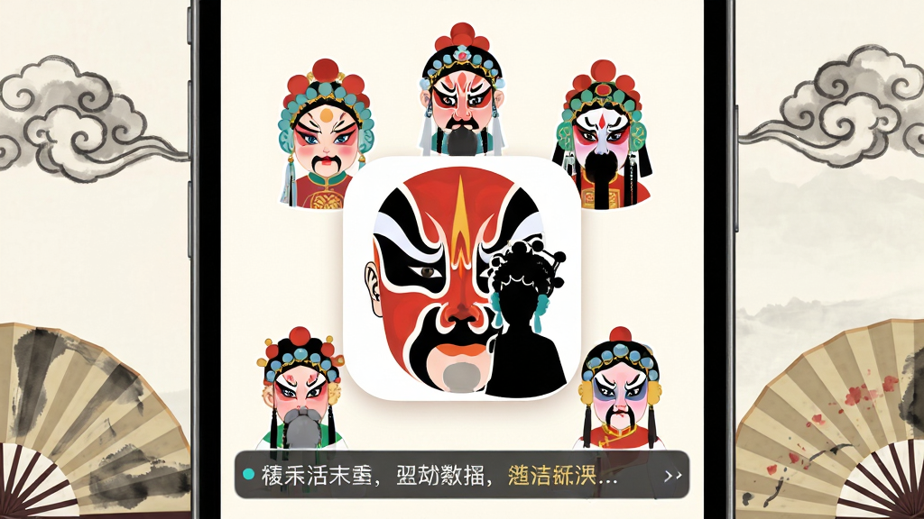 画面主体为一款手机应用界面展示,屏幕中央呈现京剧脸谱与戏曲人物剪影组合的图标,周围环绕生旦净末丑五个行当的卡通化角色形象,布局采用居中对称式构图,手机两侧点缀淡雅的水墨云纹与折扇元素,整体风格融合国潮插画与现代UI展示,细节上突出脸谱色彩层次与唱词滚动条,画质清晰干净,无多余装饰元素