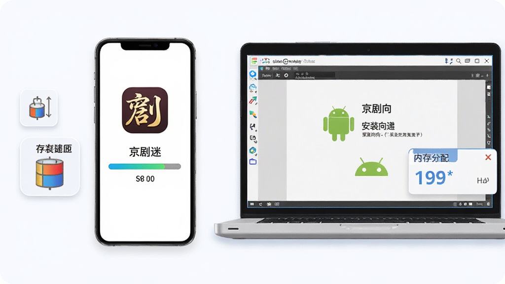 画面主体为一部智能手机与一台笔记本电脑并排摆放,手机屏幕显示京剧迷应用安装进度条,电脑屏幕显示安卓模拟器运行界面,布局采用左右对比式构图,风格为简洁科技插画,细节上手机旁放置存储空间示意图标、电脑旁标注内存分配提示框,画质清晰干净,画面中浮现“京剧迷”应用图标与安装向导文字