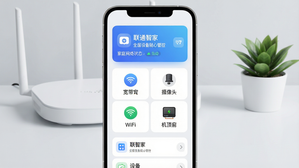 主体为一部竖屏智能手机,屏幕中央展示智慧家庭App首页界面,页面顶部为蓝色渐变卡片显示家庭网络状态,中部为四宫格功能图标包含宽带、摄像头、WiFi、机顶盒,底部为设备列表卡片;布局居中对称,背景为浅灰白色干净桌面,桌面放有一台白色路由器与一盆小绿植;排版清晰,风格为现代科技简约风,细节上界面文字使用「联通智家」「全屋设备随心管控」字样,图标圆角细腻,光影柔和;画质高清,干净,无多余元素