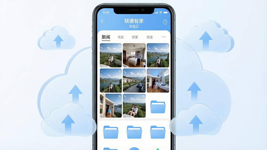 主体为一部手机展示云存储界面,屏幕内呈现相册缩略图网格与文件夹分类图标;布局为手机居中,周围环绕半透明云朵图形与数据上传箭头;排版整齐,风格为轻盈简洁风,细节上界面顶部写「联通智家」「家庭云」字样,配色浅蓝与白色;画质高清,干净,无多余元素