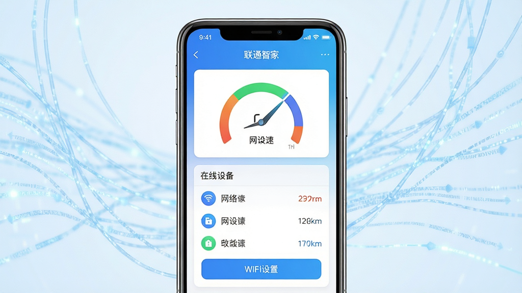 主体为一部手机屏幕展示网络管理页面,页面中有网速仪表盘、在线设备列表与WiFi设置按钮;布局为手机居中,背景为浅蓝色数据流线条环绕;排版清晰规整,风格为清爽科技风,细节上界面文字包含「联通智家」「网络体检」「WiFi设置」字样,配色蓝白渐变;画质高清,干净,无多余元素