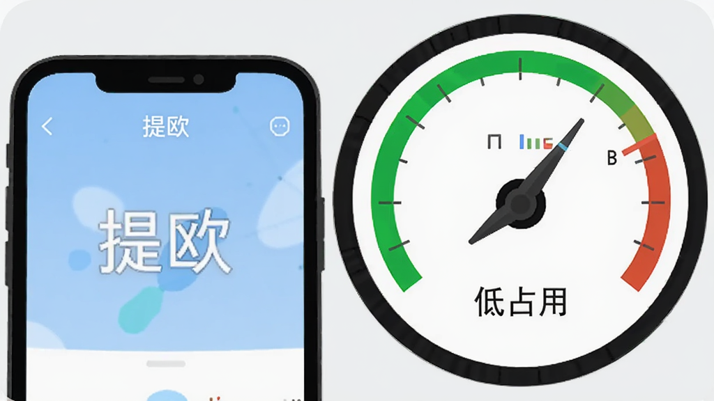 画面主体为一部手机与一块象征性能的仪表盘并排摆放,手机屏幕显示“提欧”应用正常运行界面,仪表盘指针停留在低能耗绿色区域;背景为浅灰色简约风格,整体采用扁平化插画,文字仅标注“提欧”与“低占用”,画质干净,无多余装饰