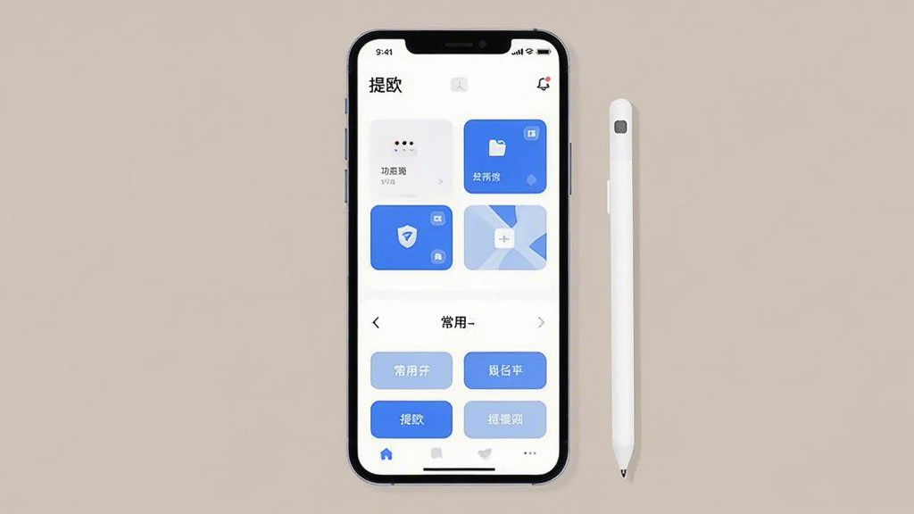 画面展示一部手机正视图,屏幕内为“提欧”应用主界面,界面分为上下两个区域,上方为功能卡片区,下方为常用按钮区,布局整齐留白充足;手机旁放置一支触控笔,示意操作简便;整体为扁平化UI插画风格,配色清爽以白蓝为主,画面中文字为“提欧”,画质清晰,无杂乱元素