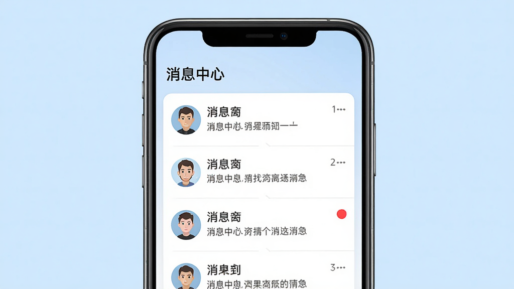主体为一部手机屏幕显示消息通知列表,列表项包含头像、用户名和简短中文消息摘要,顶部有“消息中心”字样;布局为居中手机特写,背景为淡蓝色纯色;排版上通知条目纵向排列,图标与文字对齐;风格为简约卡片式UI设计;细节上每条通知有轻微分隔线,未读消息带有小红点标记;画质清晰,干净,无多余元素