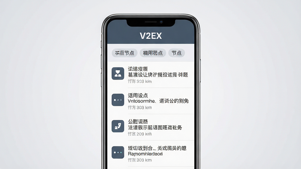 主体为一部竖屏智能手机,屏幕上显示一个简洁的论坛社区界面,顶部有“V2EX”字样,界面中包含话题列表与节点标签;布局采用居中构图,手机置于画面中央,背景为浅灰色渐变;排版上手机屏幕内容清晰可见,文字为中文与英文混合;风格为扁平化现代UI设计,干净清爽;细节上手机边缘有轻微高光,屏幕内元素排列整齐,图标简约;画质高清,干净,无多余元素