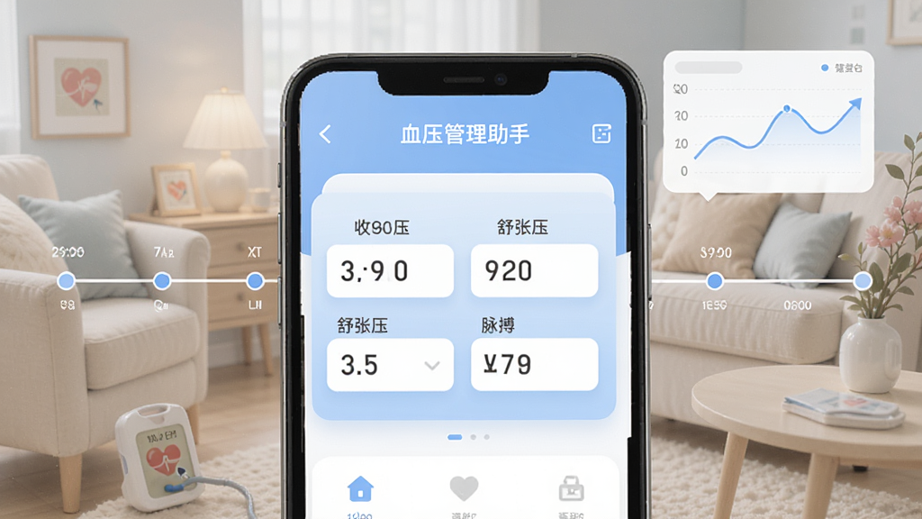一款名为“血压管理助手”的手机应用界面展示,画面中央是简洁的血压数值录入卡片,包含收缩压、舒张压、脉搏输入框,周围环绕时间轴与折线图元素,整体布局清晰有序,采用柔和的蓝白配色,扁平化UI风格,细节上体现数字健康与家庭护理氛围,画面干净无多余装饰,高清画质,适合软件下载站展示