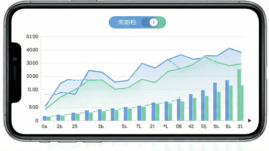 血压管理助手趋势图表页面展示,手机界面中呈现蓝绿双色折线图与柱状图组合,横轴为日期,纵轴为血压数值区间,图表上方有周期切换按钮,整体排版对称,风格清爽,色彩柔和,细节精致,画面干净无多余文字,高清画质