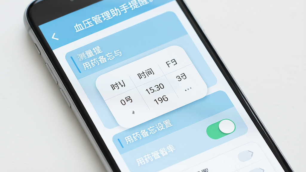 血压管理助手提醒设置界面展示,画面中手机屏幕显示测量提醒与用药备忘设置项,包含时间选择器与开关按钮,界面布局分区块排列,采用浅蓝与白色主色调,扁平化设计风格,细节清晰,整体干净整洁,高清画质