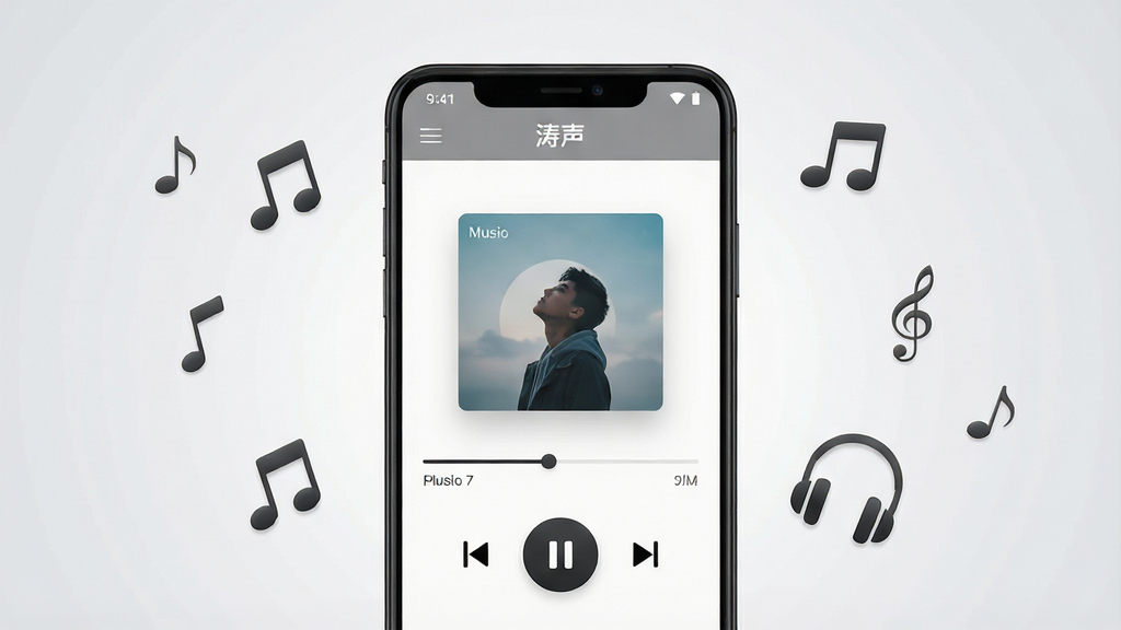 画面中央是一部竖屏安卓手机,手机屏幕上显示简洁的音乐播放界面,顶部有“涛声”字样的标题栏,中间是专辑封面和播放进度条,底部是播放控制按钮,手机周围漂浮着几个音符图标和耳机图案,背景为浅灰色渐变,整体风格干净清爽,排版居中对称,细节上突出播放按钮和进度条,画质清晰锐利,无多余杂乱元素