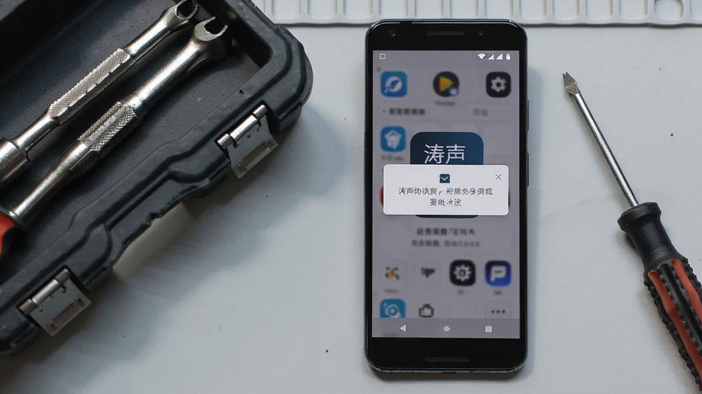 一部安卓手机屏幕显示“涛声”应用出现错误提示弹窗,手机旁边放着一个工具箱和一把螺丝刀,背景为浅灰色工作台面,画面风格为写实科普风,排版将手机和工具左右分布,细节上突出屏幕弹窗文字和工具质感,画质清晰,光线均匀,无多余杂乱物品