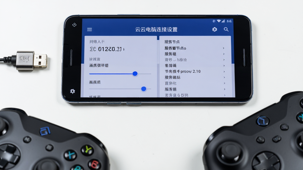 画面主体为一部横屏放置的安卓手机,手机屏幕显示云电脑连接设置界面,界面中包含网络延迟数值、画质调节滑块和服务器节点列表,手机旁边放置一个OTG转接头与蓝牙手柄,布局为手机居中、配件分列左右下方,风格为数码产品实拍风,细节包括屏幕界面的清晰文字、转接头的金属触点光泽、手柄的磨砂表面纹理,画质为高清锐利、干净明亮、无多余元素