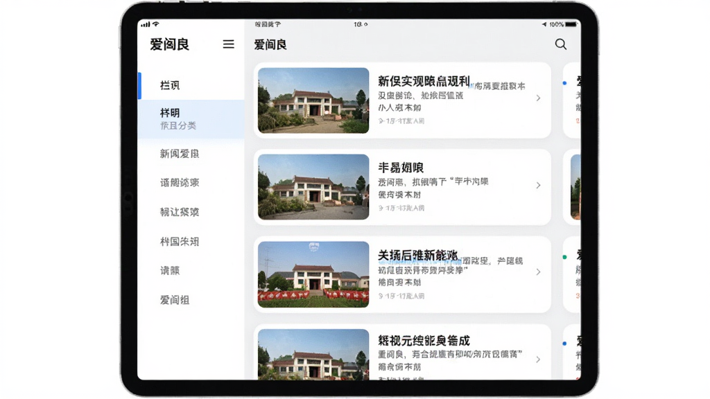 资讯聚合功能展示图,画面为平板电脑横屏界面,左侧为栏目分类导航栏,右侧为多条新闻卡片纵向排列,卡片含缩略图与标题文字,界面中带