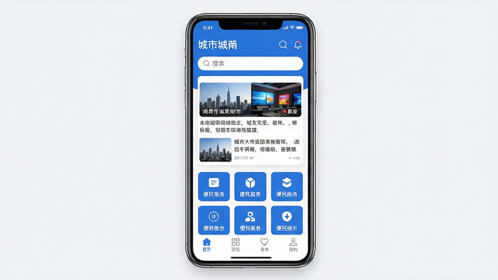 手机应用界面展示图,画面中央一部竖屏智能手机,屏幕上显示本地资讯类APP首页,顶部为城市名称与搜索栏,中部为新闻卡片列表与便民服务图标网格,底部为导航栏,整体配色以蓝白为主,风格简洁现代,细节清晰,画质干净,无多余元素