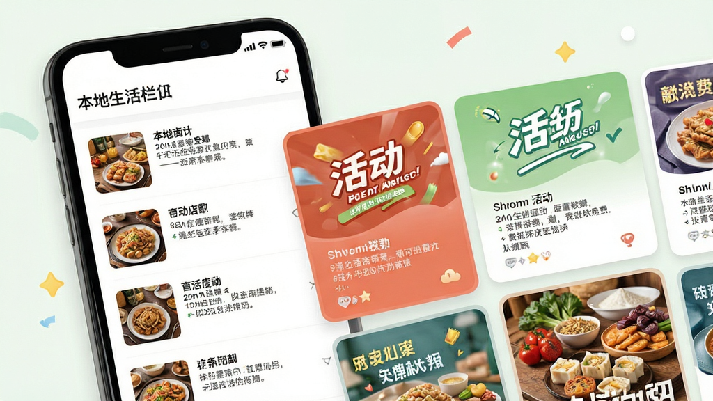 生活消费参考功能展示图,画面为手机界面中商家列表与活动海报卡片混排,卡片含店铺名称与简短介绍,界面顶部显示本地生活栏目名称,风格明快,细节丰富,画质干净,无多余元素