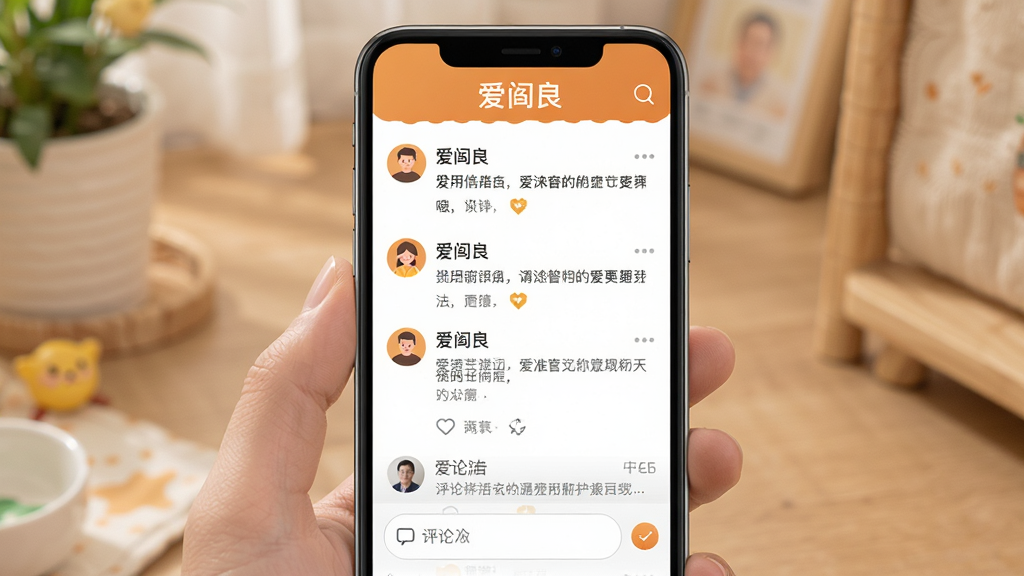 社区互动界面展示图,画面为手机竖屏界面,显示帖子列表与评论输入框,顶部有
