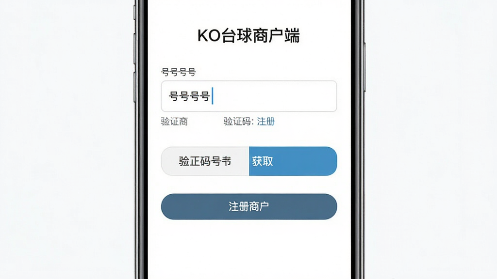 一张展示“KO台球商户端”登录注册界面的图片,画面主体为手机屏幕特写,屏幕上显示手机号输入框和验证码获取按钮,布局为手机正面居中,风格为简洁应用界面展示,细节包含“注册商户”文字按钮和输入提示,画质清晰干净,无多余元素