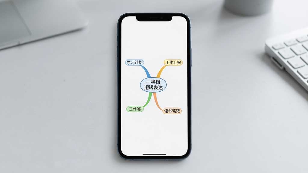一棵树逻辑表达树状思维导图功能展示,画面中一部手机屏幕显示放射状树形图,中心节点写着“一棵树逻辑表达”,四周分支延伸出“学习计划”“工作汇报”“读书笔记”等标签,背景为浅灰色工作台场景,风格简洁现代,细节干净,画质清晰