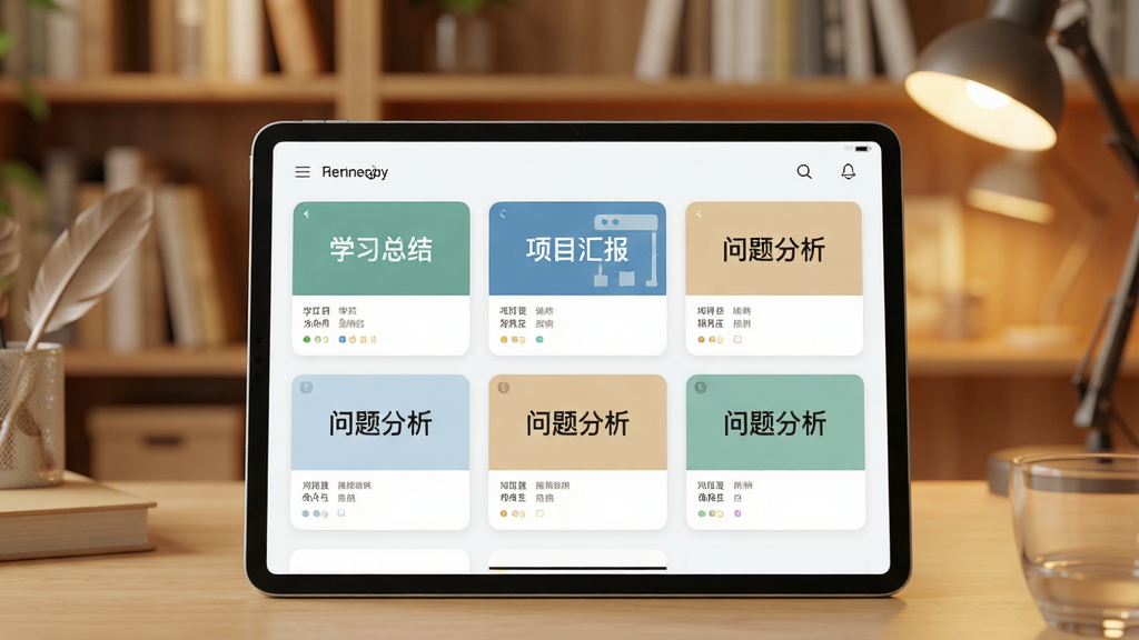 一棵树逻辑表达模板库界面展示,画面中平板电脑屏幕呈现多个卡片式模板缩略图,卡片上标注“学习总结”“项目汇报”“问题分析”等字样,背景为暖色调书房环境,风格清新柔和,布局整齐,细节清晰,画质干净