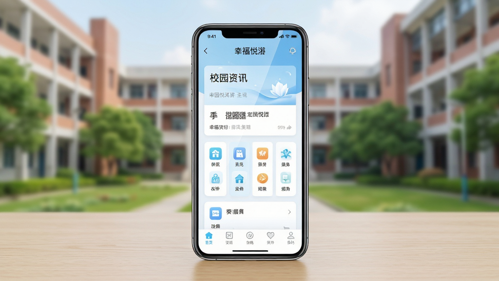 画面主体为一部竖屏智能手机,屏幕中展示“幸福悦瀹”应用的主界面,界面包含校园资讯卡片、服务功能图标与底部导航栏;手机放置于浅色木质桌面,背景为虚化的校园教学楼与绿植;整体构图为居中对称,手机占据画面视觉中心,四周留白干净;风格为清爽现代的数码产品展示风,色彩以浅蓝与白色为主;细节上屏幕反光自然、图标边缘清晰、桌面纹理细腻;画质高清,画面干净,无多余元素。