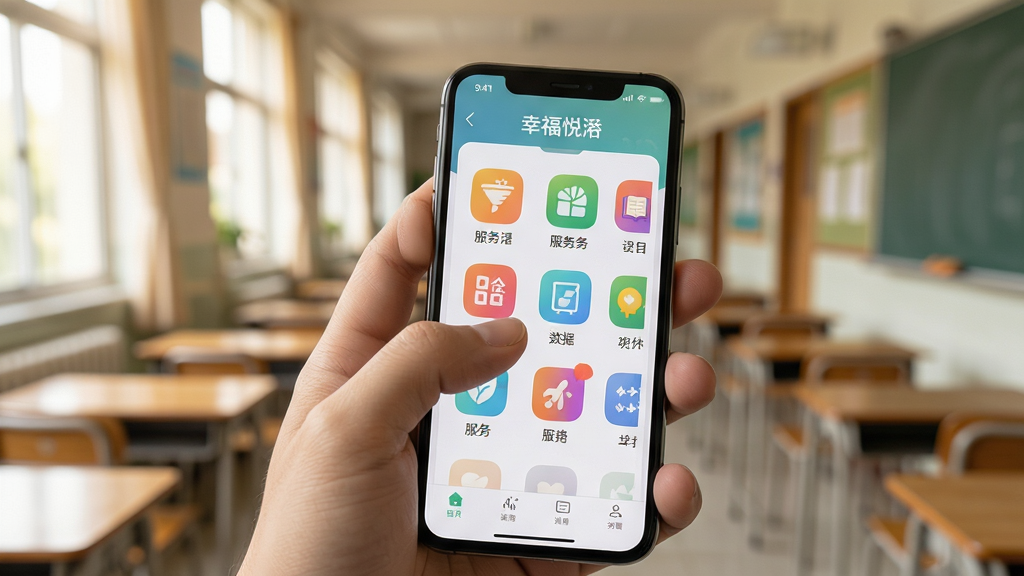 画面主体为一只手持握智能手机,屏幕显示“幸福悦瀹”应用的功能分类页面,页面中排列着整齐的服务图标网格;手机背景为虚化的教室走廊场景,光线柔和;构图为近景特写,手机与手部占据画面主体,背景虚化突出屏幕内容;风格为写实生活场景风,色调温暖自然;细节上手指与屏幕的接触自然、图标色彩鲜明;画质高清,画面干净,无多余元素。