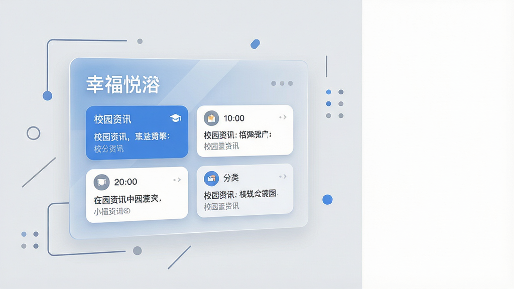 画面主体为一块悬浮的半透明信息面板,面板上排列着“幸福悦瀹”字样的标题与多条校园资讯卡片,卡片带有时间标签与分类小图标;面板悬浮于浅灰色背景之上,周围点缀简洁的几何线条与圆点装饰;构图为横向布局,信息面板居中偏左,右侧留白;风格为扁平化信息图表风,配色以蓝白灰为主;细节上卡片边角圆润、文字排版整齐;画质清晰,画面干净,无多余元素。