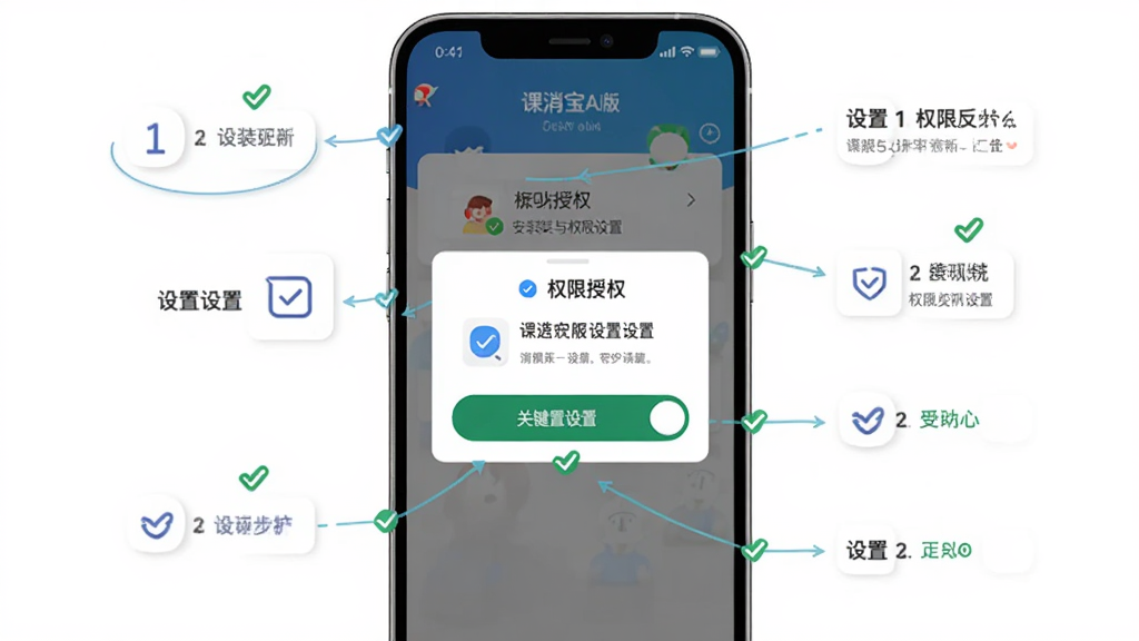 画面主体为课消宝AI版手机应用安装与权限设置引导界面,布局为手机屏幕居中展示权限授权弹窗与设置步骤标注,排版采用上下结构突出关键开关按钮,风格为简洁明快的移动端教程图示,细节包含权限图标、步骤序号、对勾标记,画质高清干净无多余元素