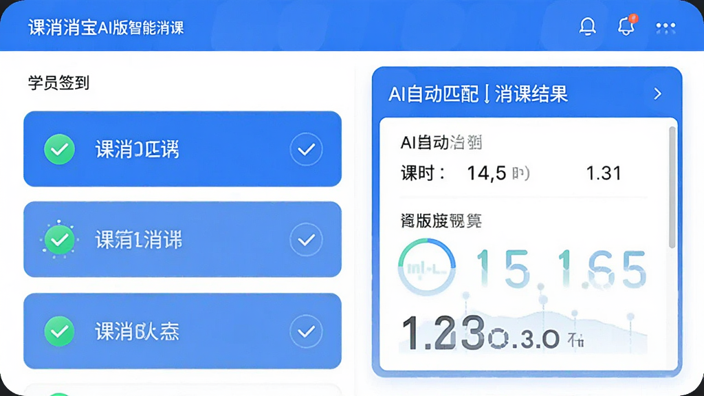 画面主体为课消宝AI版智能消课界面,布局为左侧显示学员签到列表右侧展示AI自动匹配的消课结果面板,排版采用左右分栏结构,风格为清爽商务科技风,细节包含数据对勾图标、课时数字、智能算法标识,画质高清干净无多余元素