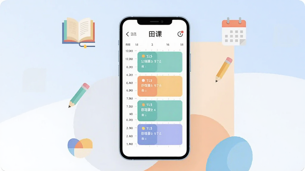 画面主体为一部竖屏智能手机,屏幕中央展示简洁的课程表界面,包含时间轴与彩色课程卡片;手机周围以柔和的几何色块布局衬托,背景为浅蓝与白色渐变;整体采用扁平化插画风格,细节上加入书本、铅笔、日历等小图标点缀,屏幕上以清晰文字显示“田课”字样;画质干净清晰,构图居中,无多余杂乱元素