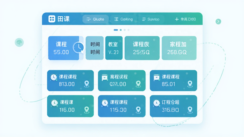 画面主体为一块悬浮的数字化课程信息面板,面板上以卡片形式排列课程名称、时间与教室信息;布局为上下分层结构,上方为周视图导航,下方为课程卡片列表;风格为现代扁平化UI插画,配色以蓝绿为主,细节处加入时钟与定位图标;画面干净整洁,文字清晰,突出“田课”标识