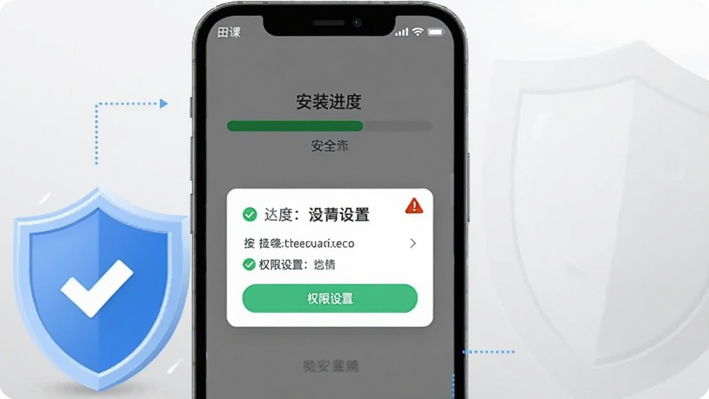 画面主体为一部手机屏幕显示安装进度条与权限设置弹窗,旁边放置一个盾牌图标象征安全;布局为手机居中,盾牌位于右侧,背景为浅灰渐变;风格为简洁信息图插画,细节上加入勾选标记与警告小图标;画质干净清晰,屏幕角落显示“田课”字样