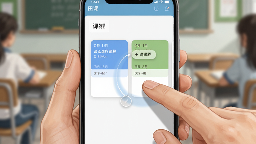 画面主体为一双手在手机屏幕上拖动课程卡片的特写,卡片从一个时间段移动到另一个时间段;布局为近景构图,手机居中,背景虚化为教室环境;风格为写实插画,细节上体现拖动轨迹与高亮提示框;画质清晰,画面干净,屏幕角落显示“田课”小字