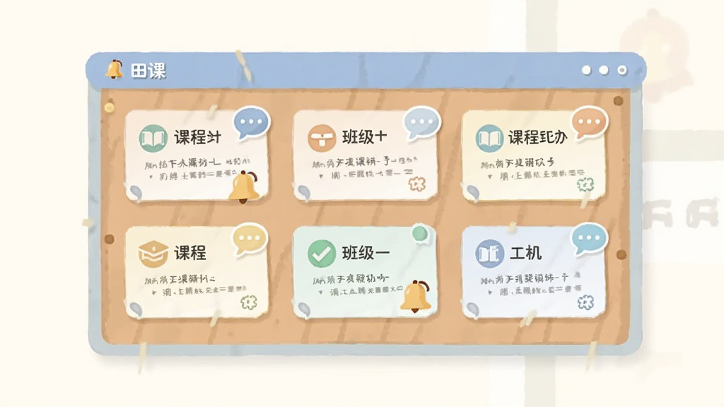 画面主体为一块公告板样式的界面,上面贴有多张通知卡片,卡片上带有课程与班级相关图标;布局为居中对称,公告板悬浮于浅色背景之上;风格为清新扁平插画,配色柔和,细节处加入对话气泡与小铃铛;画面干净,文字以“田课”标注来源