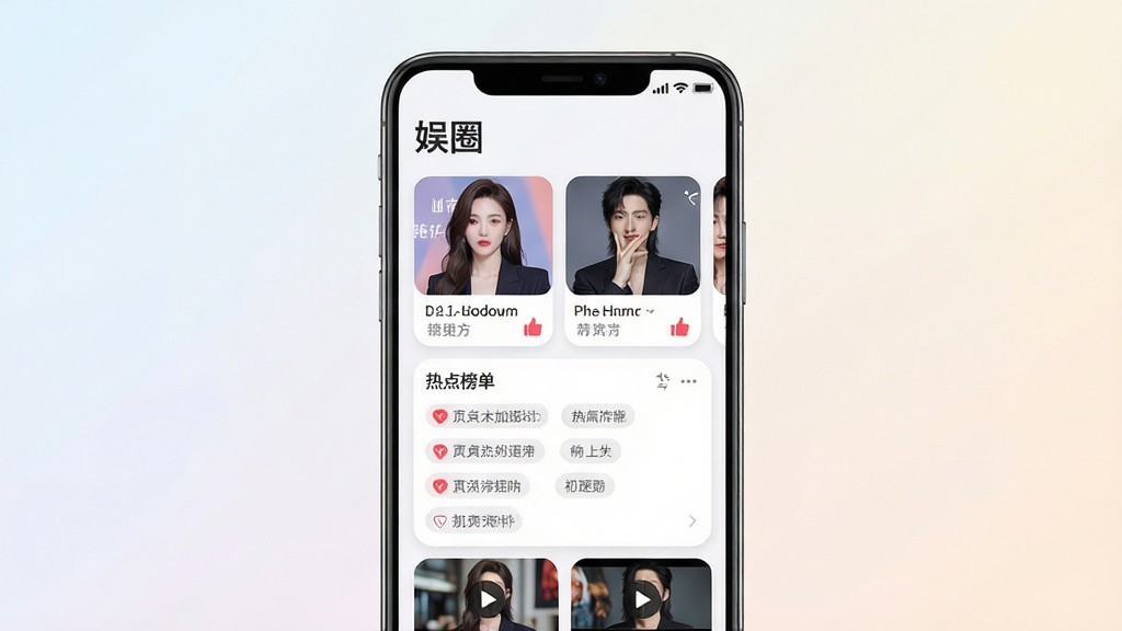 手机屏幕中央展示娱乐资讯信息流界面,顶部有“娱圈”字样标题栏,页面包含明星卡片、热点榜单和短视频缩略图,主体为一部竖屏安卓手机,布局居中对齐,背景为浅色渐变,风格为清爽现代UI展示图,细节包含圆角卡片、点赞图标和话题标签,画质清晰,画面干净,无多余元素
