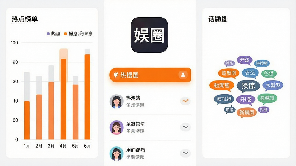 一张信息聚合看板示意图,画面中央是“娱圈”应用图标与信息流列表,左侧为热点榜单柱状图,右侧为话题标签云,布局采用左右分栏,风格为扁平化数据可视化,细节包含橙色高亮的热搜条目和圆形头像,画质清晰,画面干净,无多余元素