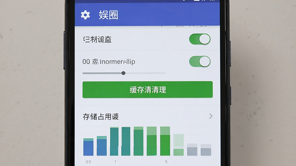 一部安卓手机屏幕显示“娱圈”应用设置页面,画面中包含权限开关、缓存清理按钮和存储占用条形图,布局为竖向列表,风格为简洁实用工具界面,细节包含齿轮图标和进度条,画质清晰,画面干净,无多余元素