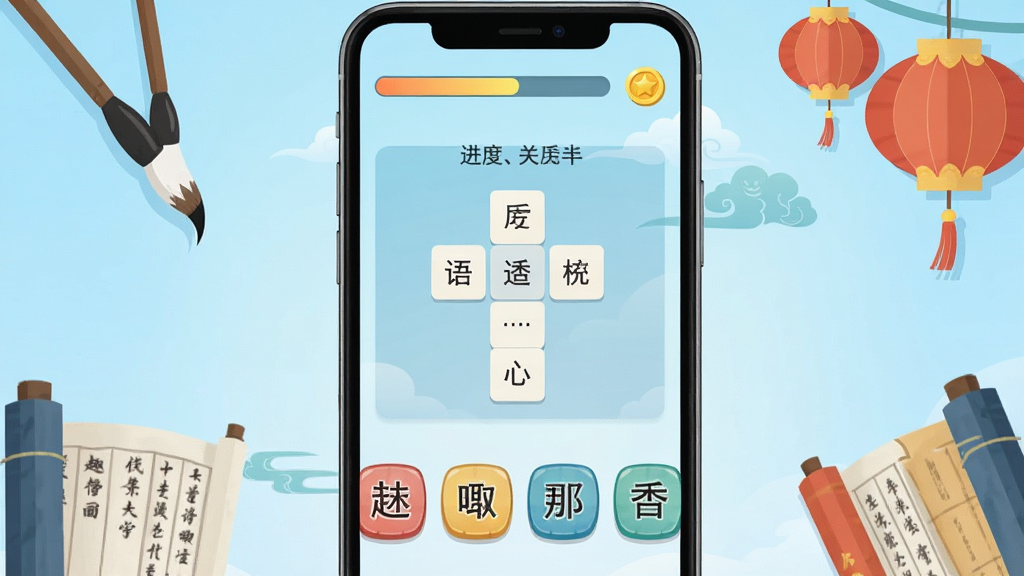 一张手机屏幕正面展示趣味成语王主界面,画面中央是成语填空关卡,上方显示进度条与金币图标,下方排列四个候选汉字按钮,背景为淡蓝色渐变,周围点缀毛笔、书卷、灯笼等中式元素,风格清新扁平,细节干净,画质清晰,无多余元素