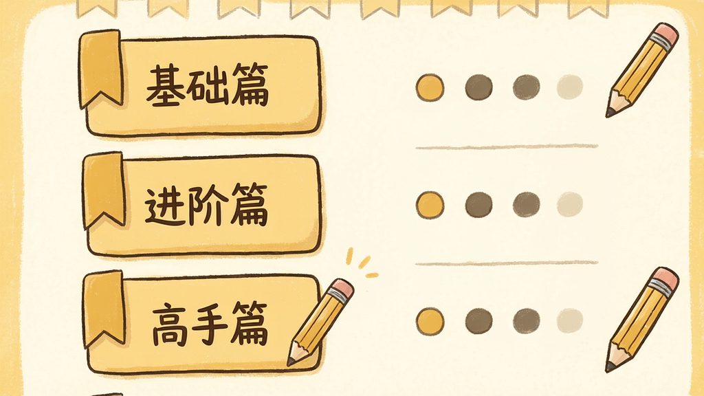 一张展示趣味成语王题库章节列表的手机截图风格图片,画面左侧为竖排章节卡片,标注基础篇、进阶篇、高手篇等字样,右侧为关卡进度圆点,整体采用暖黄色调,搭配书签与铅笔插画,风格简约手绘,画质干净清晰