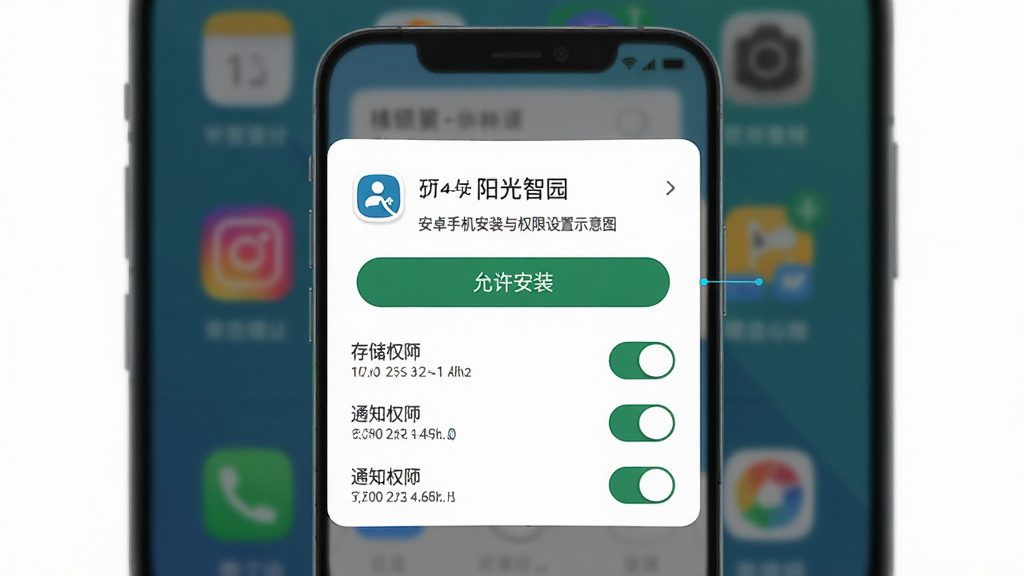 阳光智园安卓手机安装与权限设置示意图,主体为手机屏幕显示应用安装确认弹窗与权限开关列表,布局为弹窗居中、背景为手机桌面虚化,排版直观,风格为科技感扁平插画,细节包括「允许安装」按钮、存储权限开关、通知权限开关,画质高清、干净、无多余元素