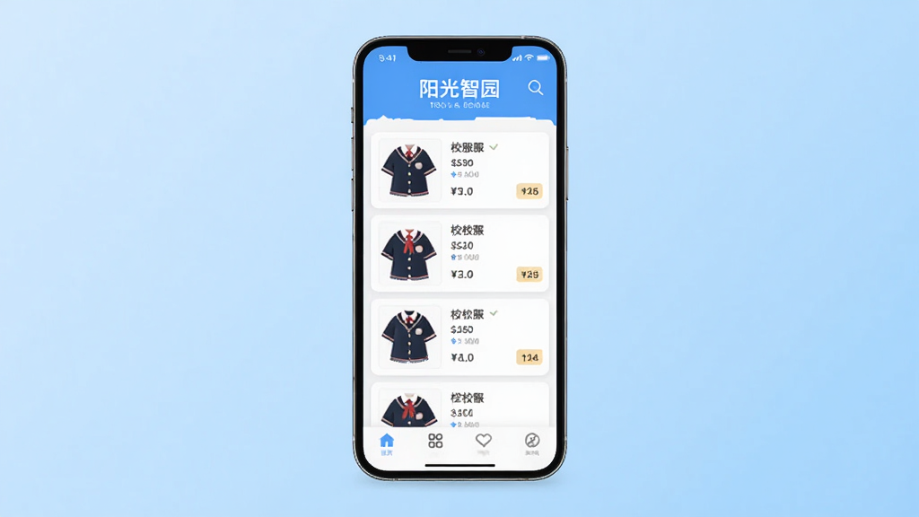 阳光智园手机应用主界面展示,主体为一部竖屏智能手机,屏幕中央显示校服商品列表与学校名称入口,布局上手机居中、背景为浅蓝色渐变,排版简洁清晰,风格为现代扁平化UI展示,细节包括校服缩略图、价格标签、底部导航栏图标,画质高清、干净、无多余元素