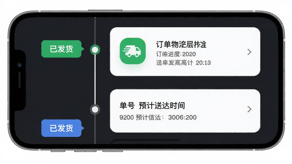 阳光智园订单追踪页面展示,主体为手机屏幕显示订单进度时间轴与物流信息卡片,布局为纵向时间轴左侧标签右侧详情,排版层次分明,风格为简约商务风移动端界面,细节包括已发货状态图标、物流单号、预计送达时间,画质清晰、干净、无多余元素
