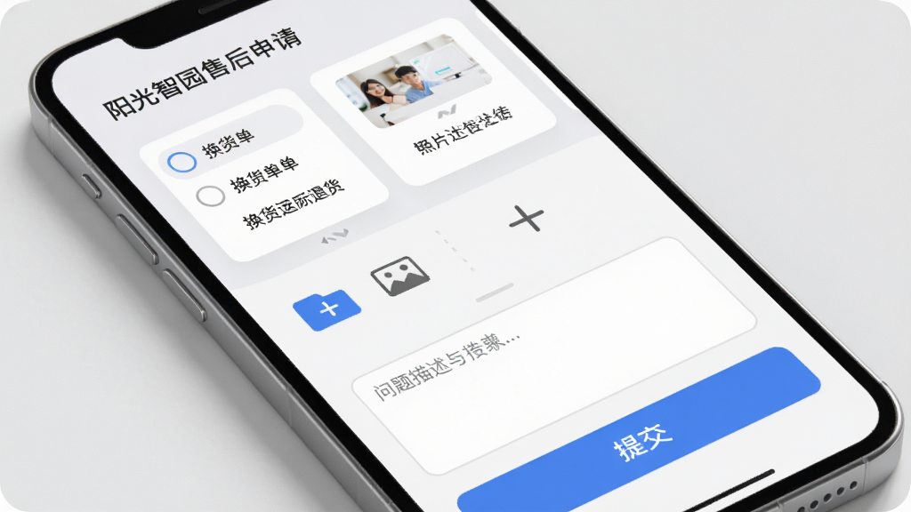 阳光智园售后申请界面,主体为手机屏幕显示售后类型选择与照片上传区域,布局为上方选项卡片下方表单与提交按钮,排版规整,风格为浅灰质感移动端界面,细节包括换货退款单选按钮、图片上传加号图标、问题描述输入框,画质高清、干净、无多余元素