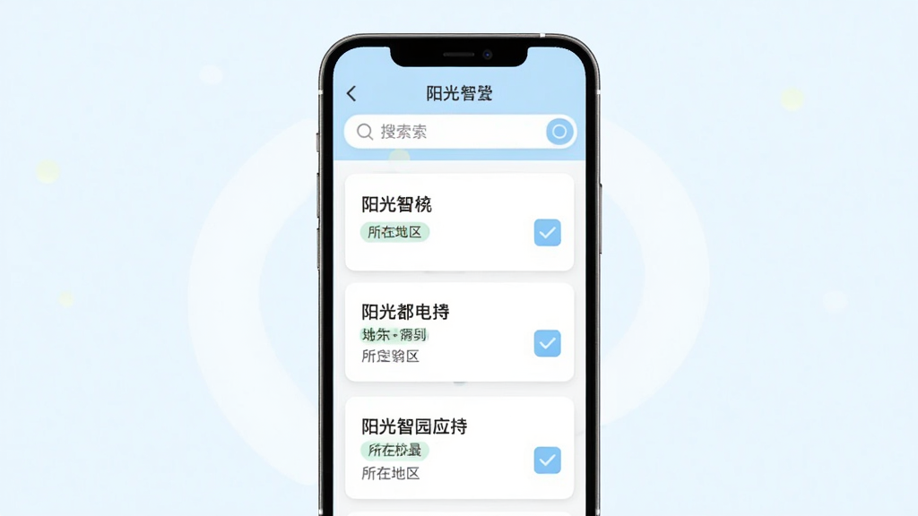 阳光智园应用内学校选择界面,主体为手机屏幕显示学校列表与搜索框,布局为上下结构、上方搜索栏下方学校卡片列表,排版整齐有序,风格为清新浅色系移动端界面,细节包括学校名称、所在地区标签、选中状态勾选框,画质清晰、干净、无多余元素