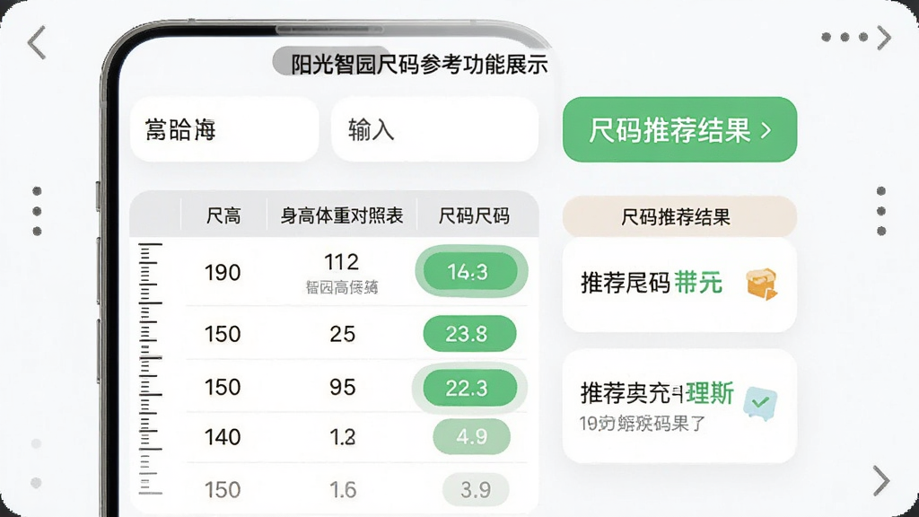 阳光智园尺码参考功能展示,主体为手机屏幕呈现身高体重对照表与尺码推荐结果,布局为表格与提示卡片组合、上方为输入区下方为推荐结果,排版清晰易读,风格为柔和圆角卡片式设计,细节包括身高刻度、尺码编号、绿色推荐高亮,画质高清、干净、无多余元素