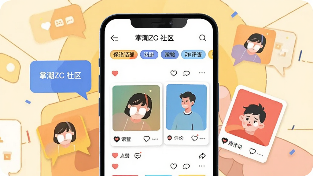 一部手机屏幕显示社区信息流页面,页面中包含卡牌晒图卡片、点赞评论图标与顶部话题标签,手机旁边漂浮着对话气泡与卡牌图案,整体为活泼的扁平插画风格,配色明快,构图均衡,画面中文字为“掌潮ZC 社区”,画质清晰,无多余装饰