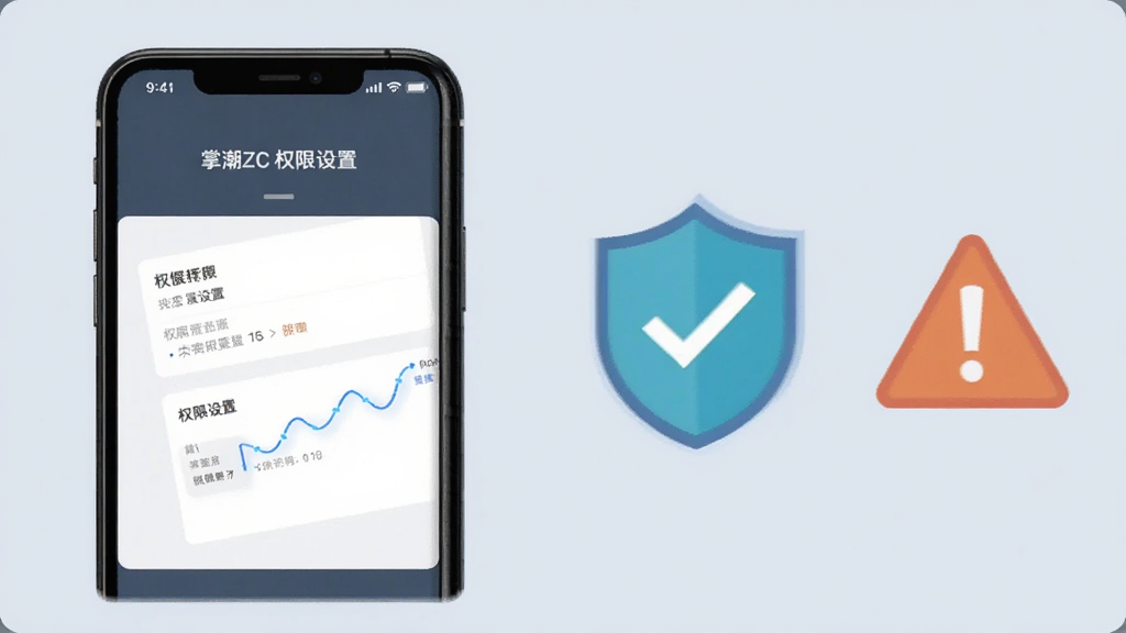 画面为一部手机屏幕显示权限设置界面,旁边配有一个带对勾的盾牌图标与一个警告三角图标,背景为浅灰蓝色,整体采用简洁的信息图风格,构图清晰,细节干净,画面中文字为“掌潮ZC 权限设置”,画质清晰,无多余元素