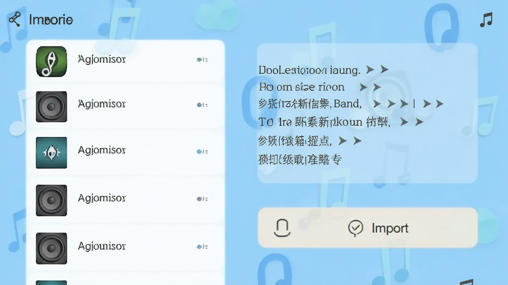 歌词音箱应用界面展示多格式音频文件列表,旁边有歌词文本导入按钮和匹配成功的提示图标,背景为浅蓝色调,扁平化设计风格,布局清晰,细节到位,画质干净,无多余元素